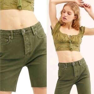 FREE PEOPLE Avery Army Green Bermuda Shorts denim cotton spandex size 25 NWOT